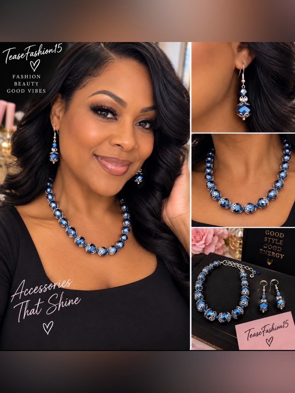 Blue Faceted Bead Necklace and Earring Set